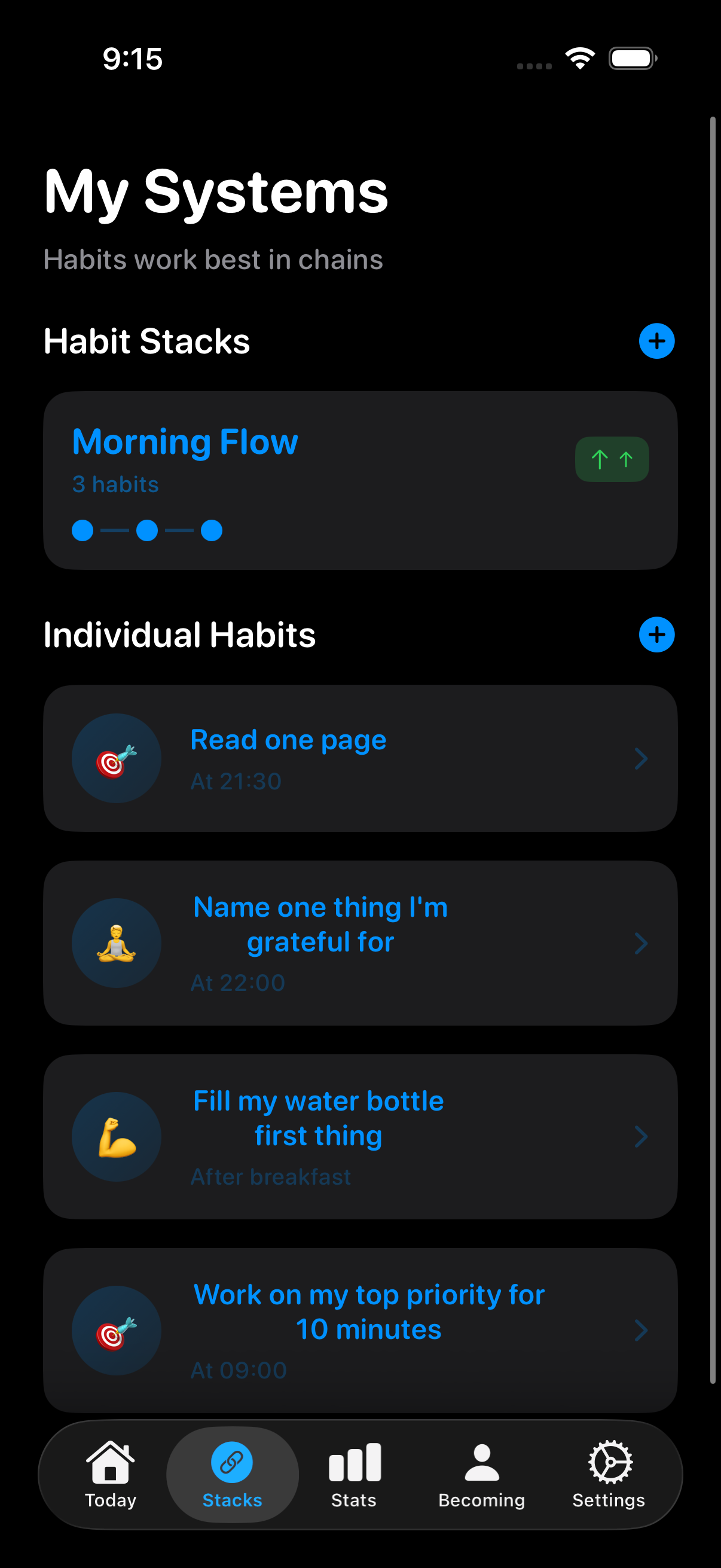 Stacks tab — My Systems, Morning Flow and Individual Habits chains